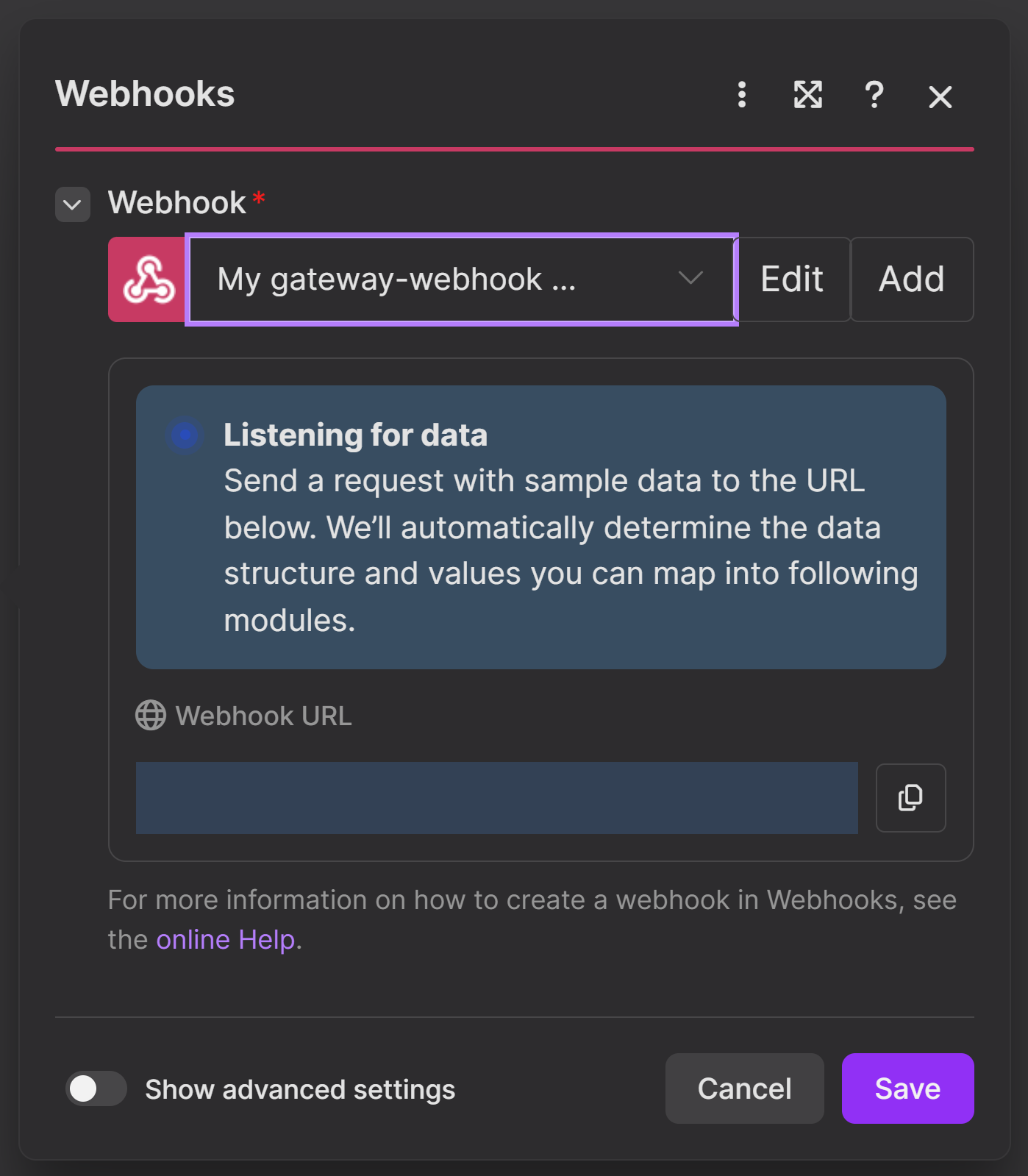 חלון הגדרות מודול הוובהוק ב-Make: הסטטוס "Listening for data", שורת Webhook URL עם הכתובת מוסתרת, וכפתור העתקה לידה