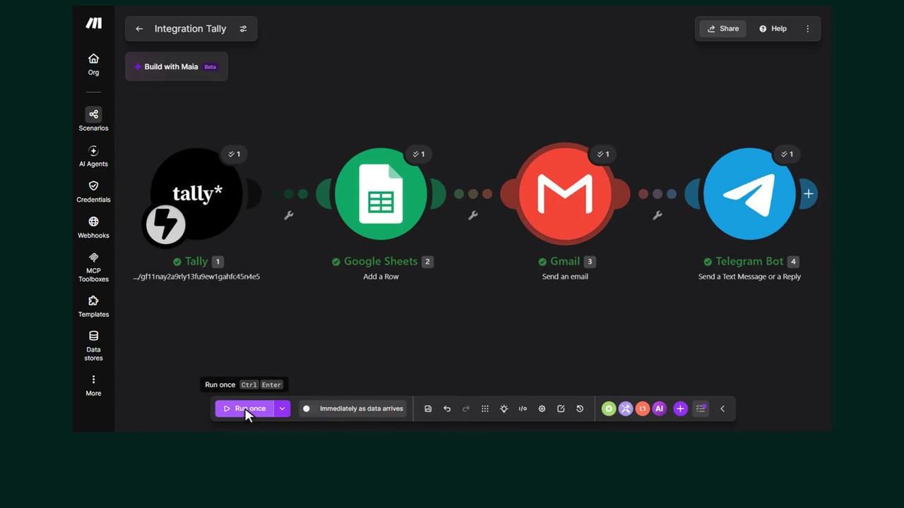 סרטון מסך של Make: תרחיש עם Tally, Google Sheets, Gmail ו-Telegram Bot, מיפוי השדות, והרצה עם ארבע בועות ירוקות