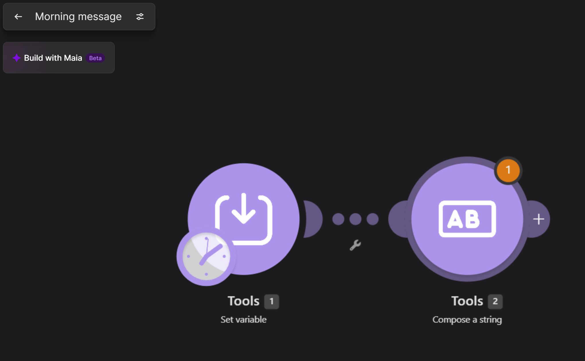 שני מודולי Tools מחוברים בקו: Set variable ו-Compose a string